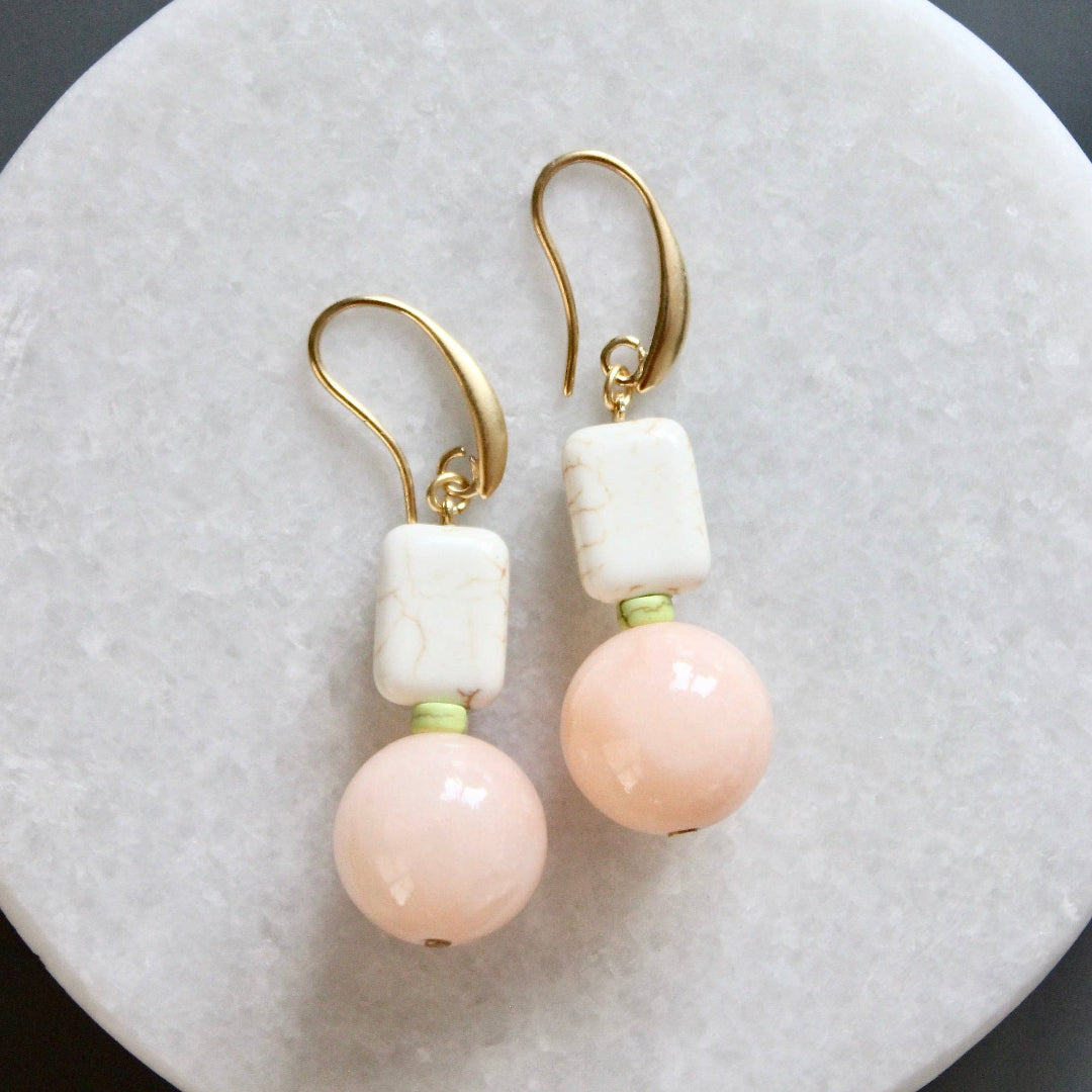 David Aubrey Jewelry, MLNE13 Pink jade and white earrings