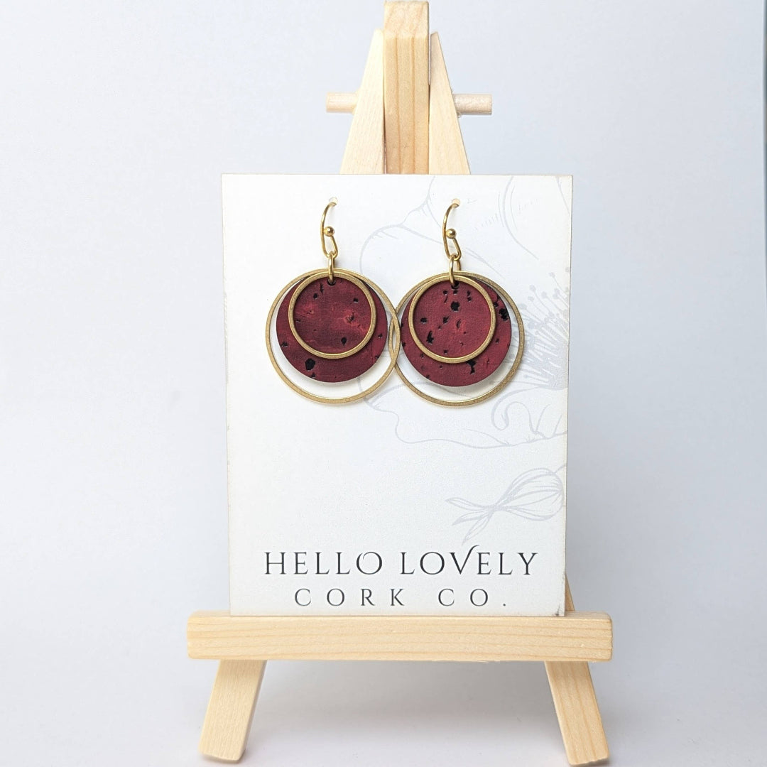 Hello Lovely Cork Co., Circle Cork and Brass Earrings, Wine Red