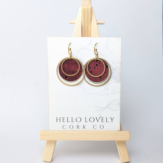 Hello Lovely Cork Co., Circle Cork and Brass Earrings, Wine Red