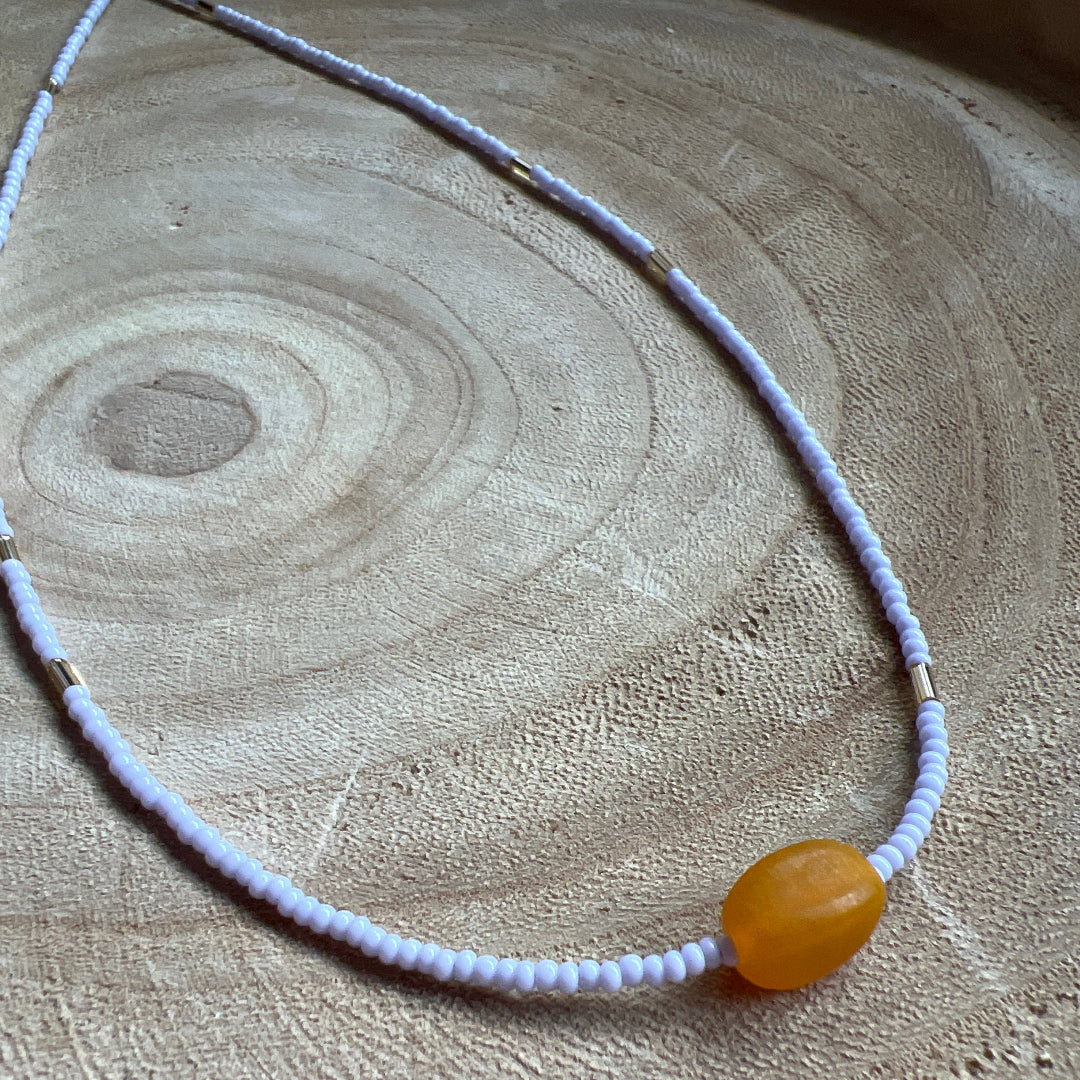 Modern Fable, Beaded Necklace, Light Lavender with Orange and Gold #109