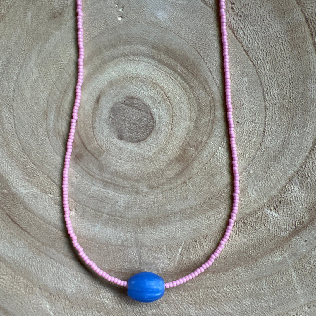 Modern Fable, Beaded Necklace, Pink and Blue #108