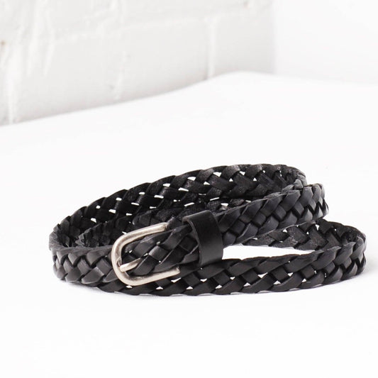 Uppdoo, Venice Hand-Woven Skinny Leather Belt, Black