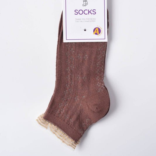 Rufia, Lace Trim Mesh Ankle Socks, Brown