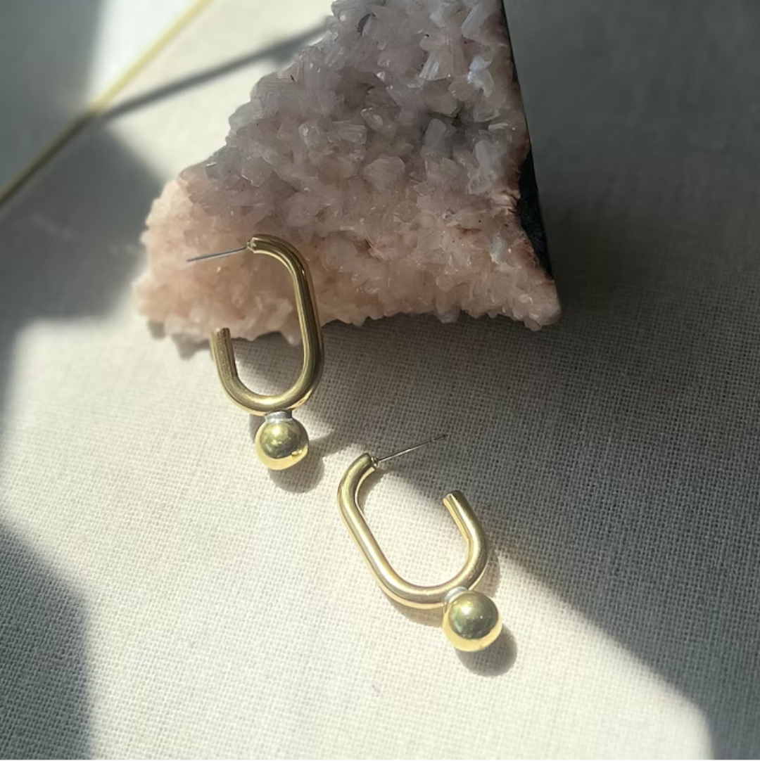Frug, 14K Goldplate Rectangle Hoop with Ball Earrings, FEJ52