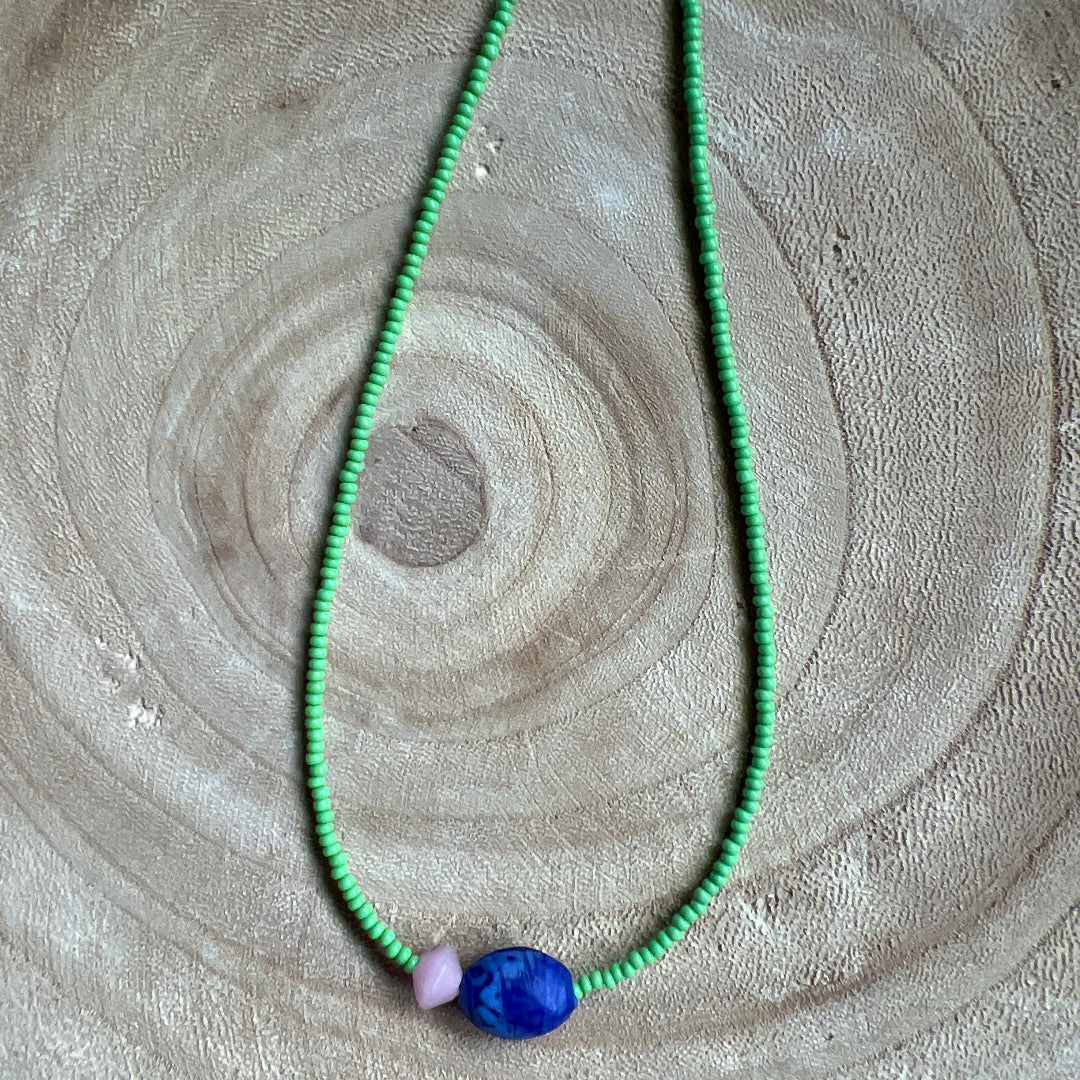Modern Fable, Beaded Necklace, Green, Pink and Indigo #107