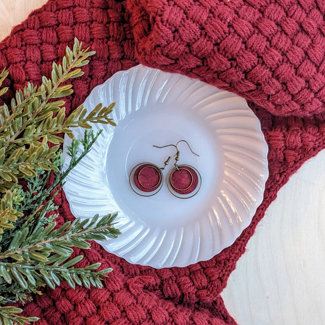 Hello Lovely Cork Co., Circle Cork and Brass Earrings, Wine Red