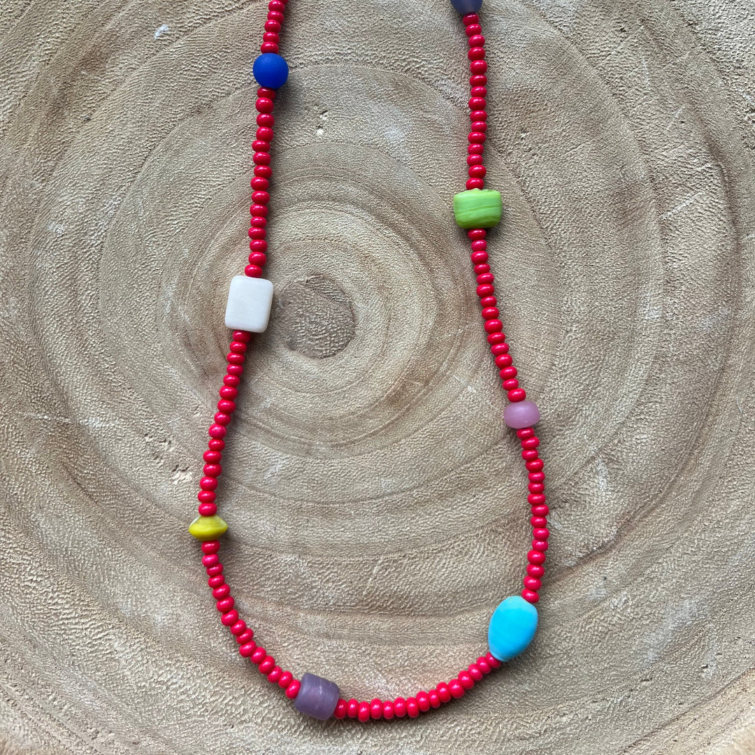 Modern Fable, Beaded Necklace, Red Beads #117