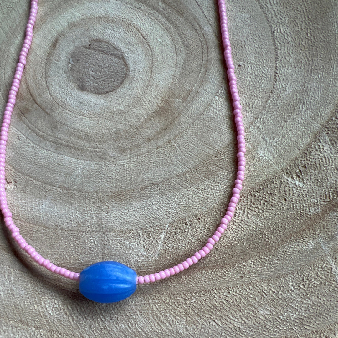 Modern Fable, Beaded Necklace, Pink and Blue #108