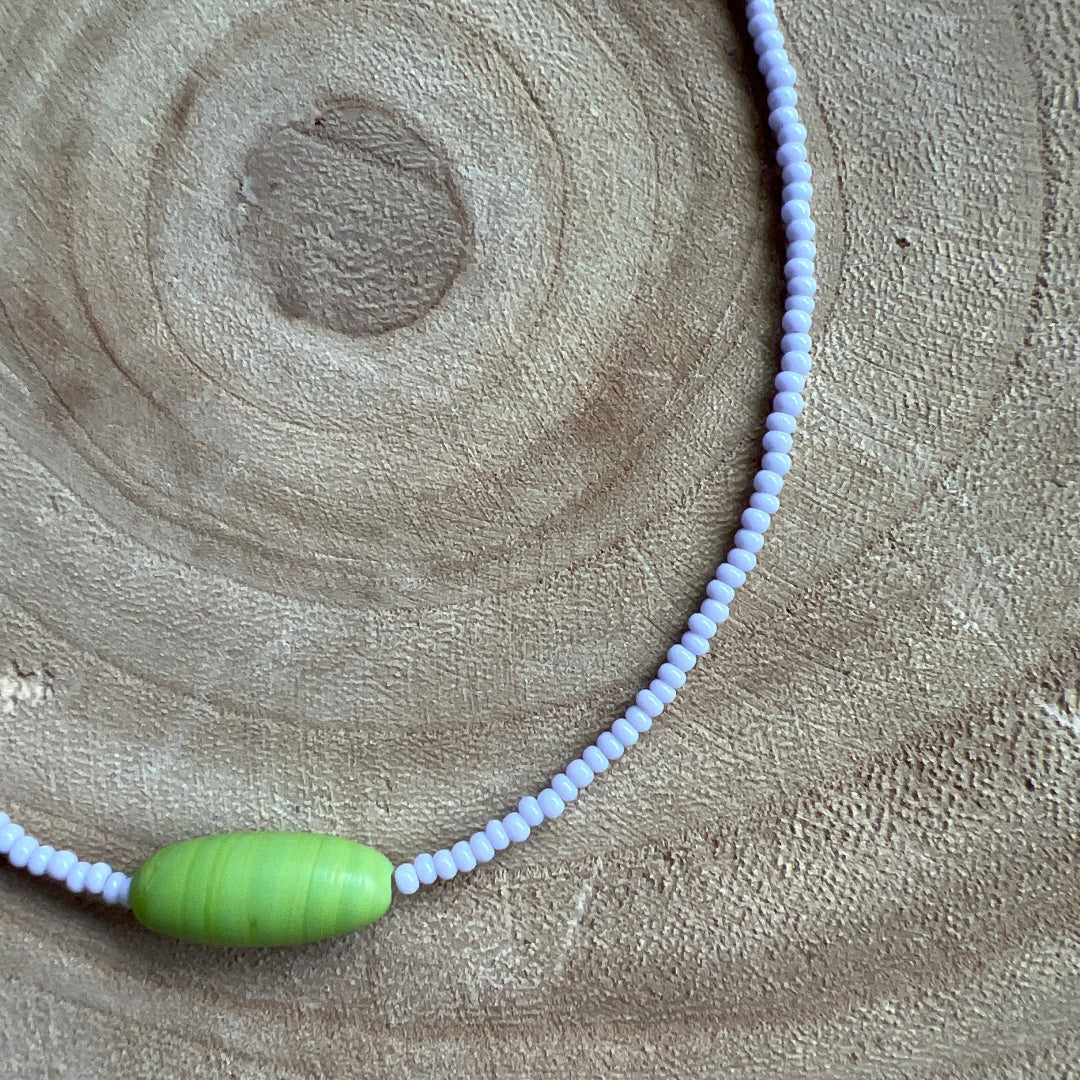 Modern Fable, Beaded Necklace, Light Lavender and Lime #100