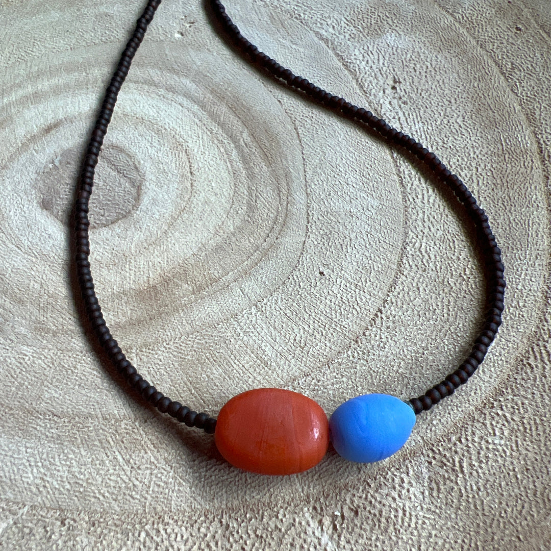 Modern Fable, Beaded Necklace, Brown, Blue and Orangey-Red #102