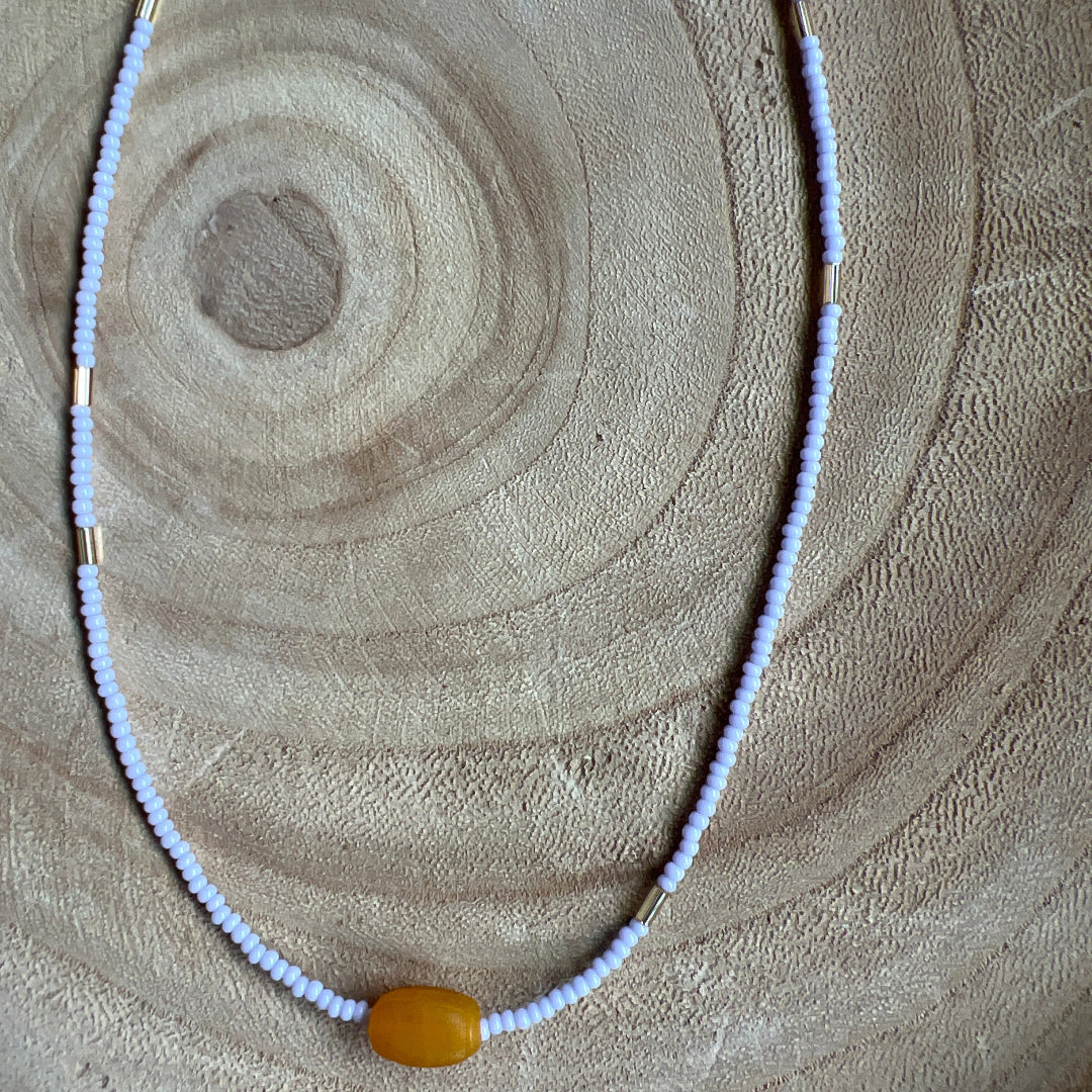 Modern Fable, Beaded Necklace, Light Lavender with Orange and Gold #109