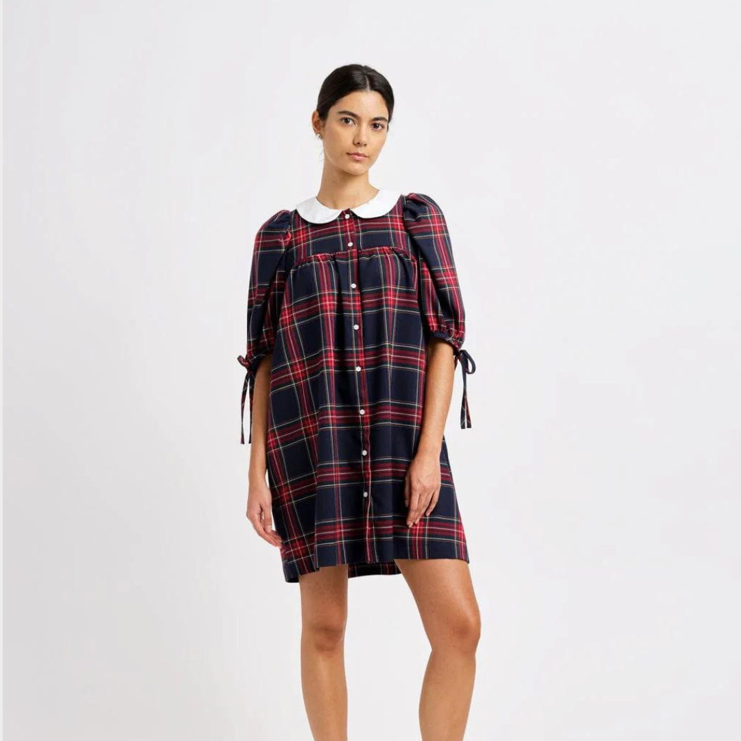 Evelyn Dress, Navy Plaid