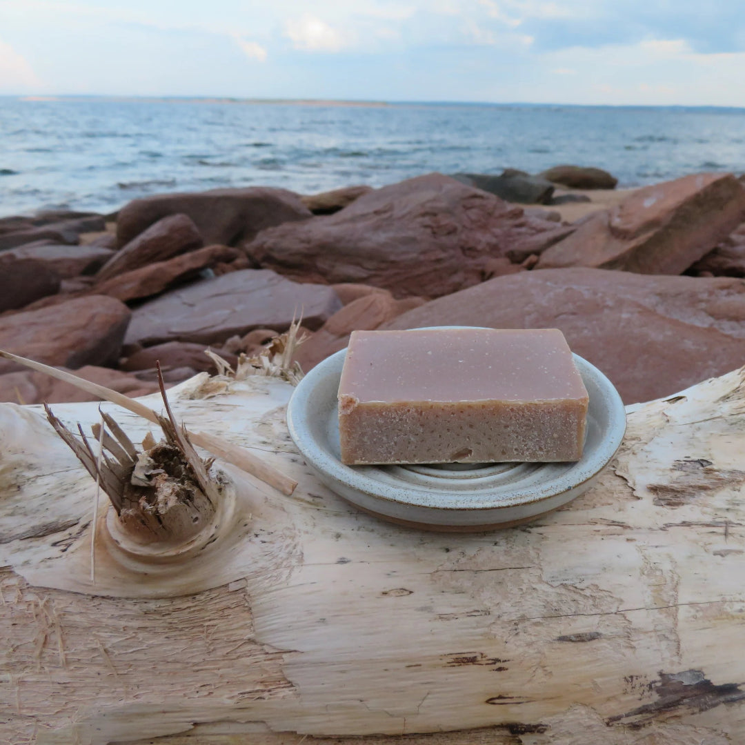 A rectangular bar of pale pink soap sits on a small white plate on a driftwood log, with rocks and the ocean in the background.