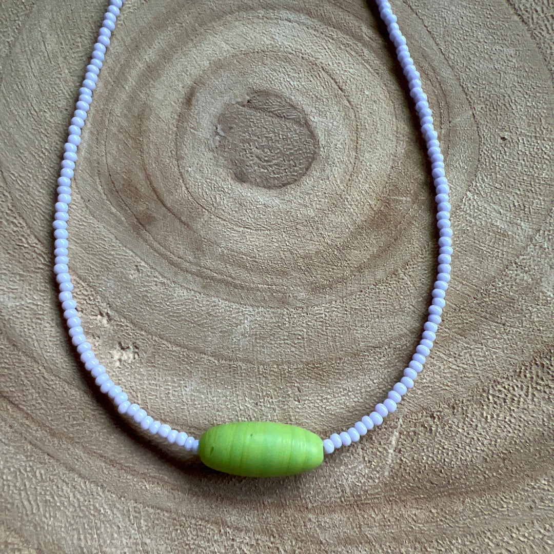 Modern Fable, Beaded Necklace, Light Lavender and Lime #100