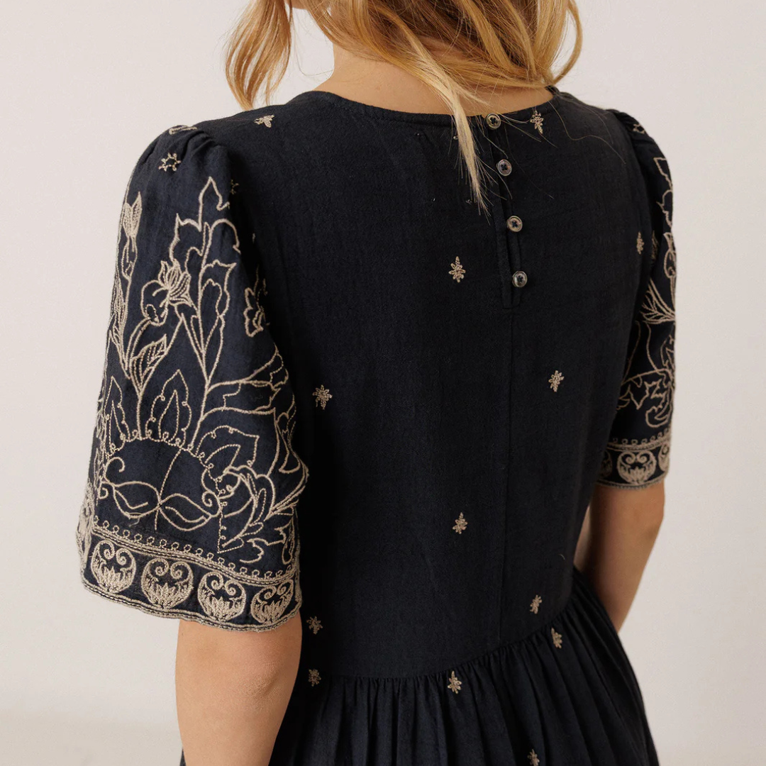 Indi & Cold, Embroidered Dress, Navy