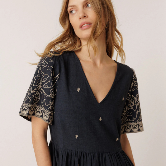 Indi & Cold, Embroidered Dress, Navy