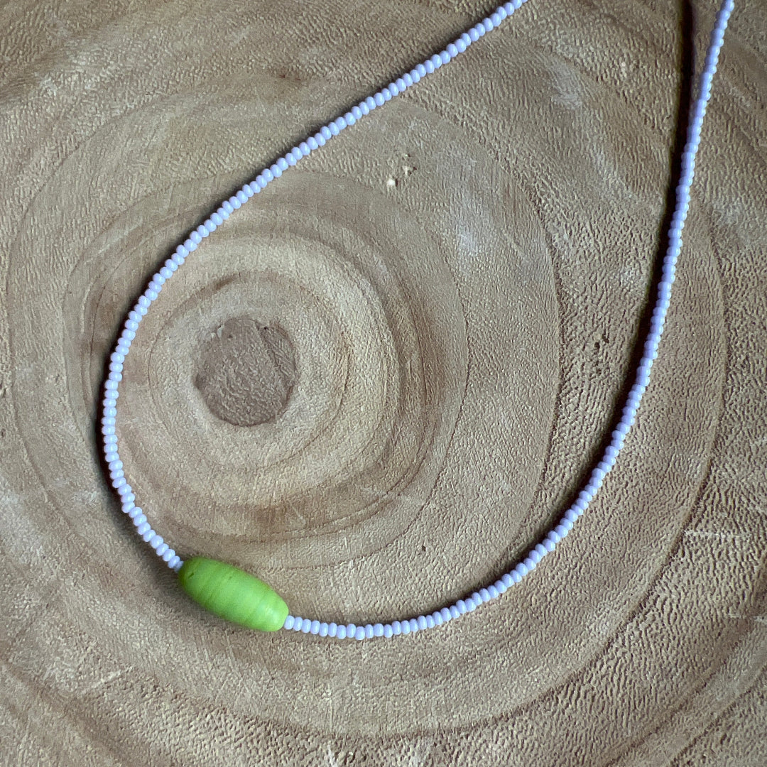 Modern Fable, Beaded Necklace, Light Lavender and Lime #100