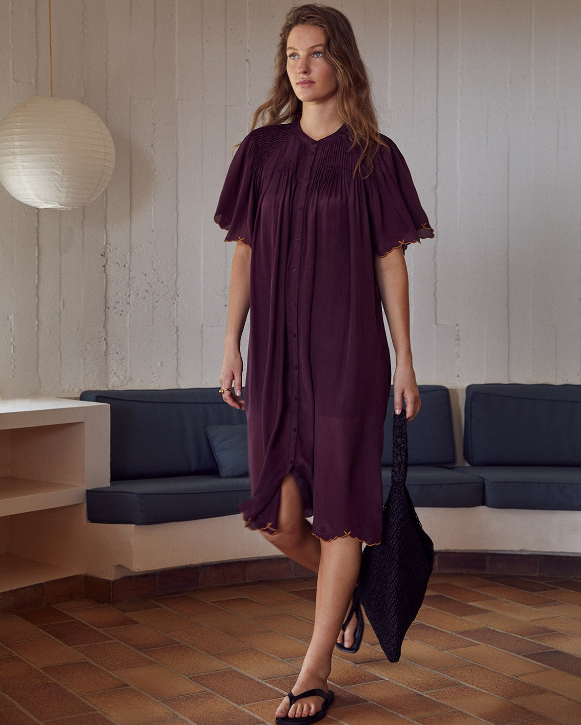 Yerse, Romantic Mao Collar Dress with Embroidery, Aubergine