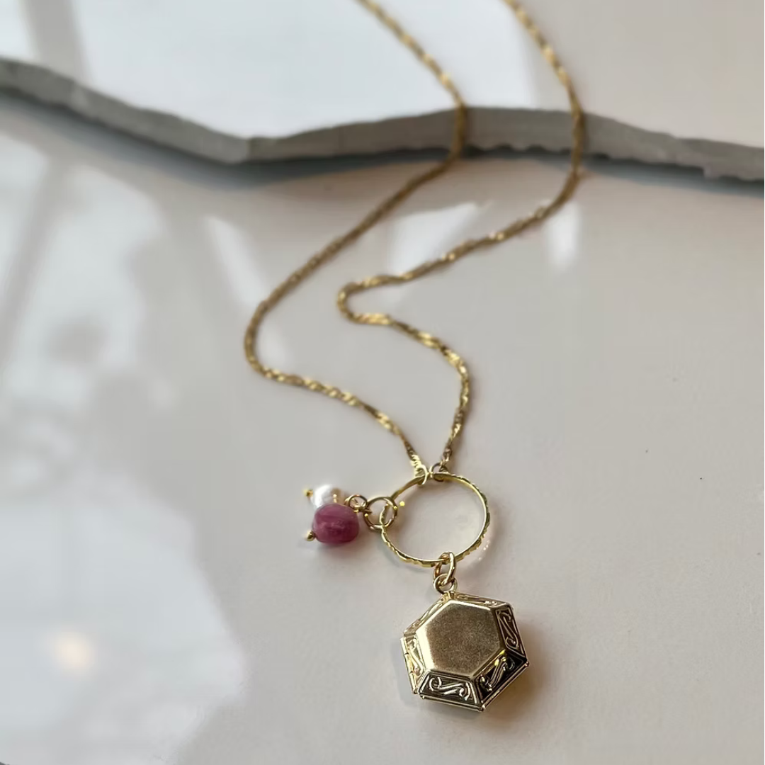 Frug, 14K Goldplate Hexagon Locket with Pearl and Tourmaline FNJ37