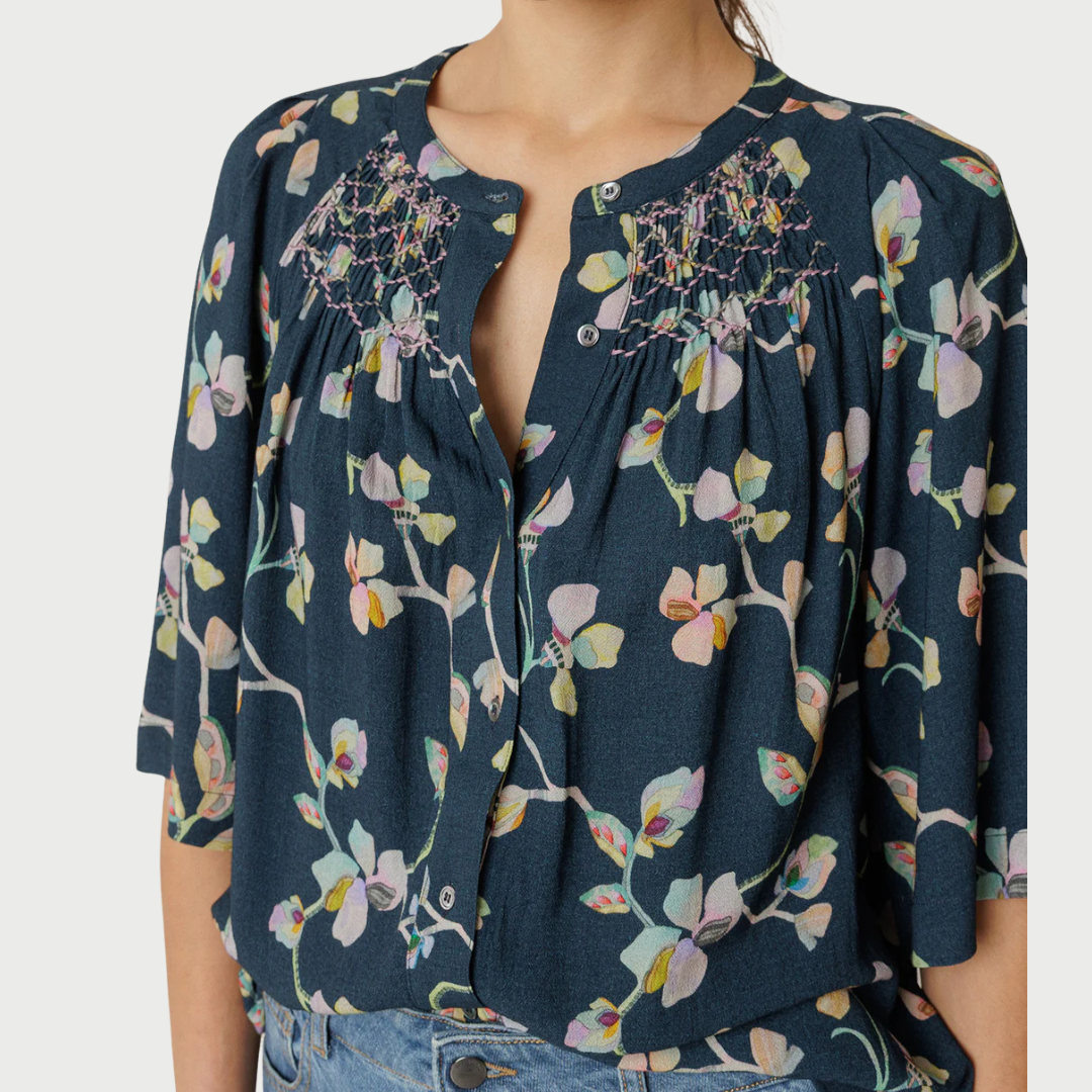Indi & Cold, Smock Detail Shirt, Navy