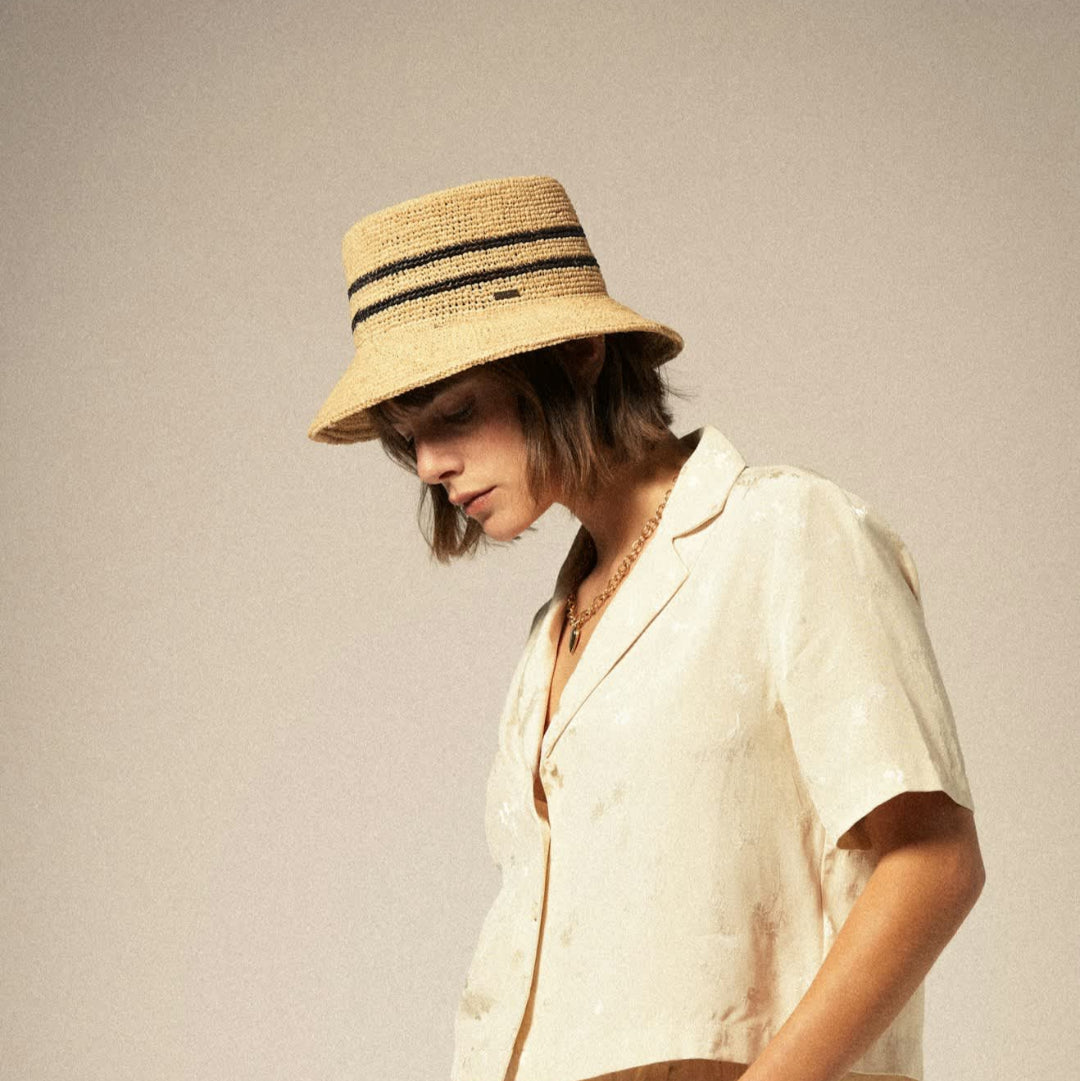 Brixton, Ellee Straw Bucket Hat, Tan/Black