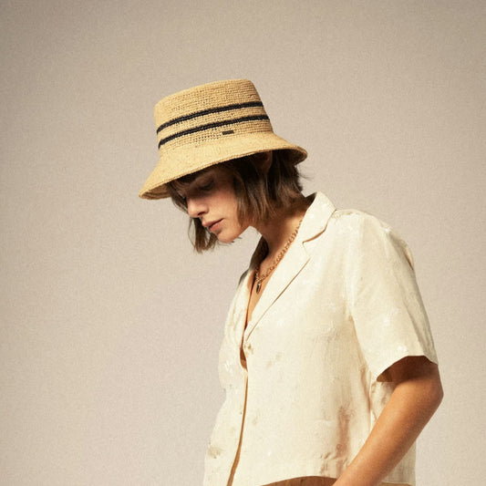 Brixton, Ellee Straw Bucket Hat, Tan/Black