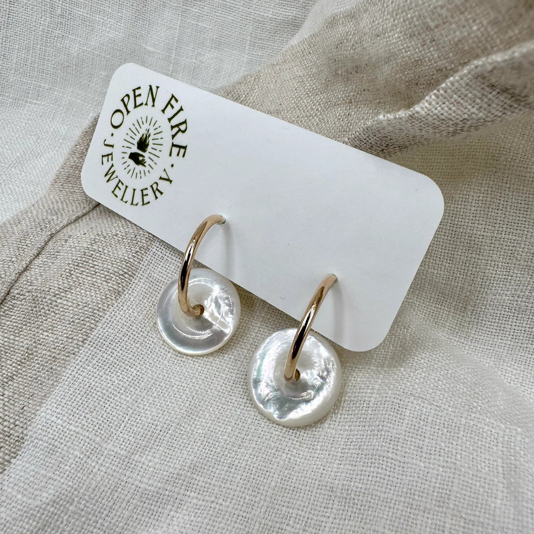 Open Fire, Mother of Pearl Hoops, 14K Goldfill