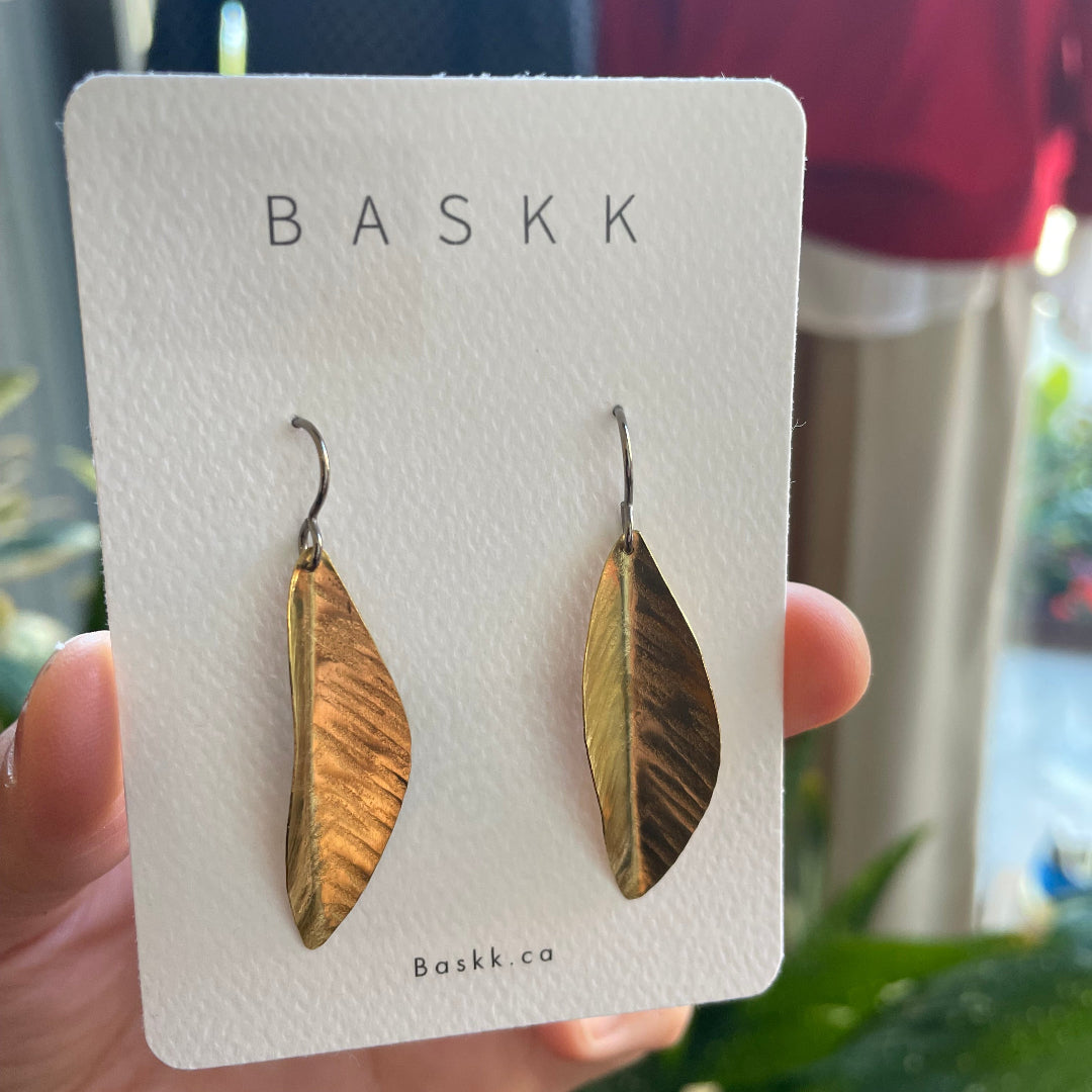 Baskk, Medium Brass Leaf Earrings