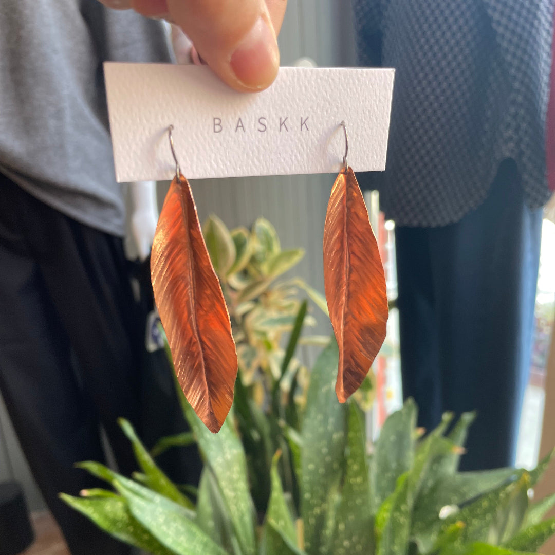 Baskk, Extra Large Copper Leaf Earrings