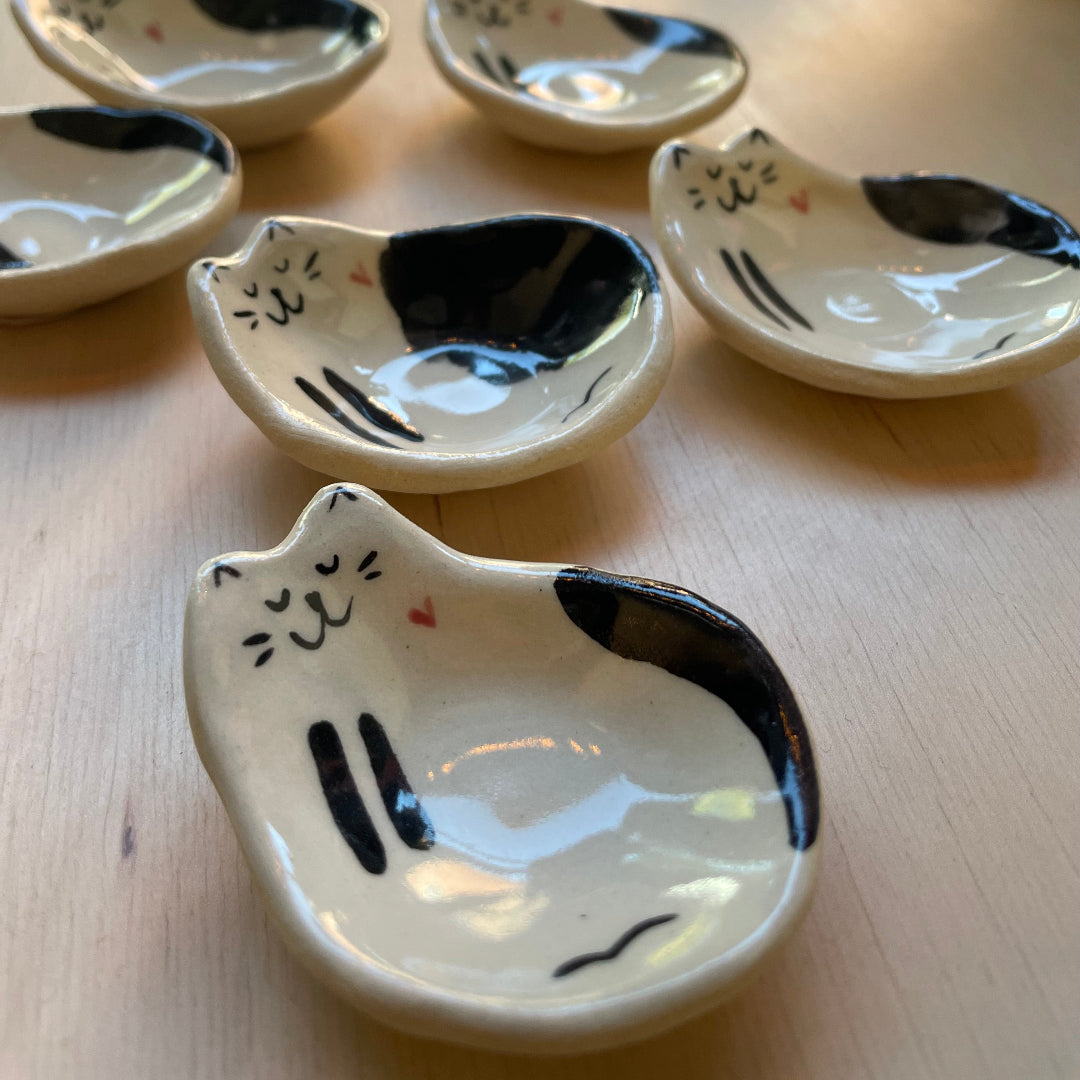 Tiny Handcrafted Ceramic Dish, Creamy Glazed Mini Catchall, Black and White