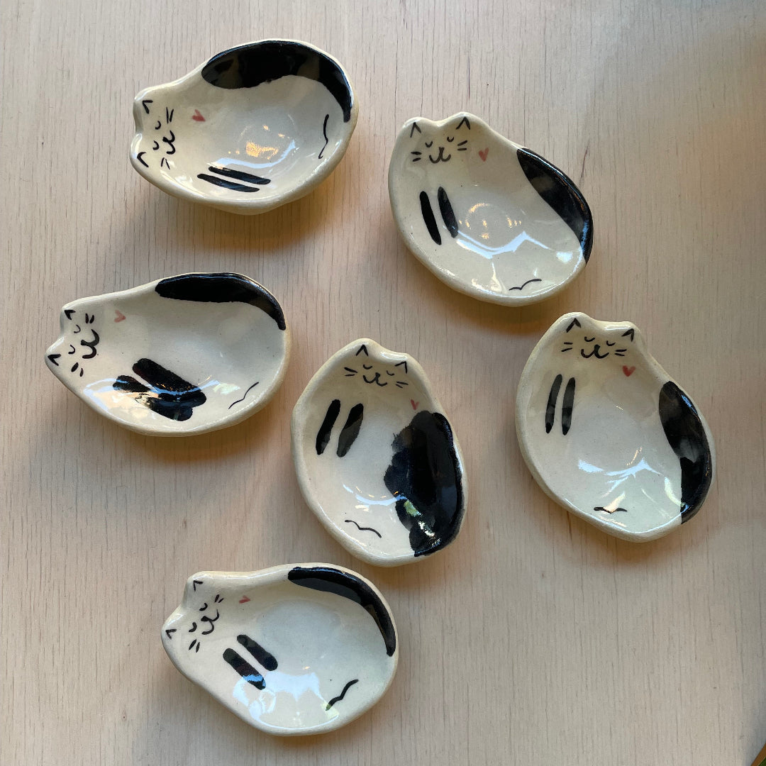 Tiny Handcrafted Ceramic Dish, Creamy Glazed Mini Catchall, Black and White