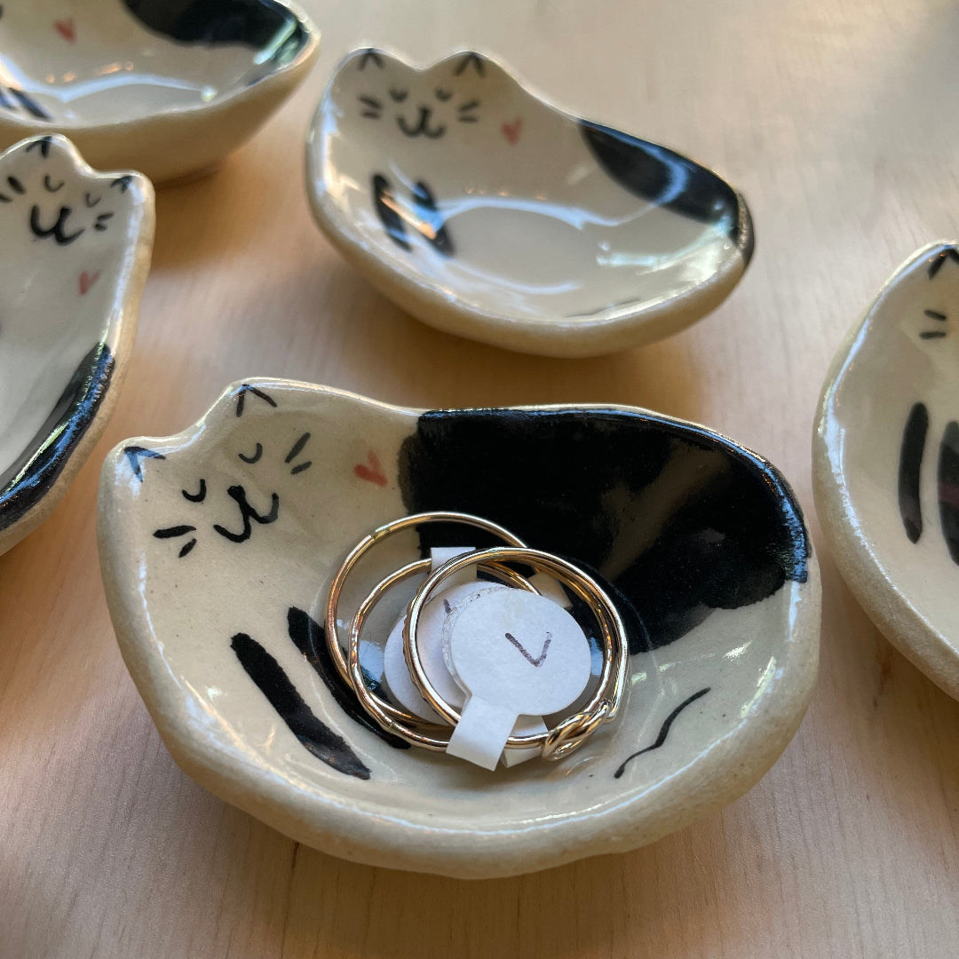 Tiny Handcrafted Ceramic Dish, Creamy Glazed Mini Catchall, Black and White