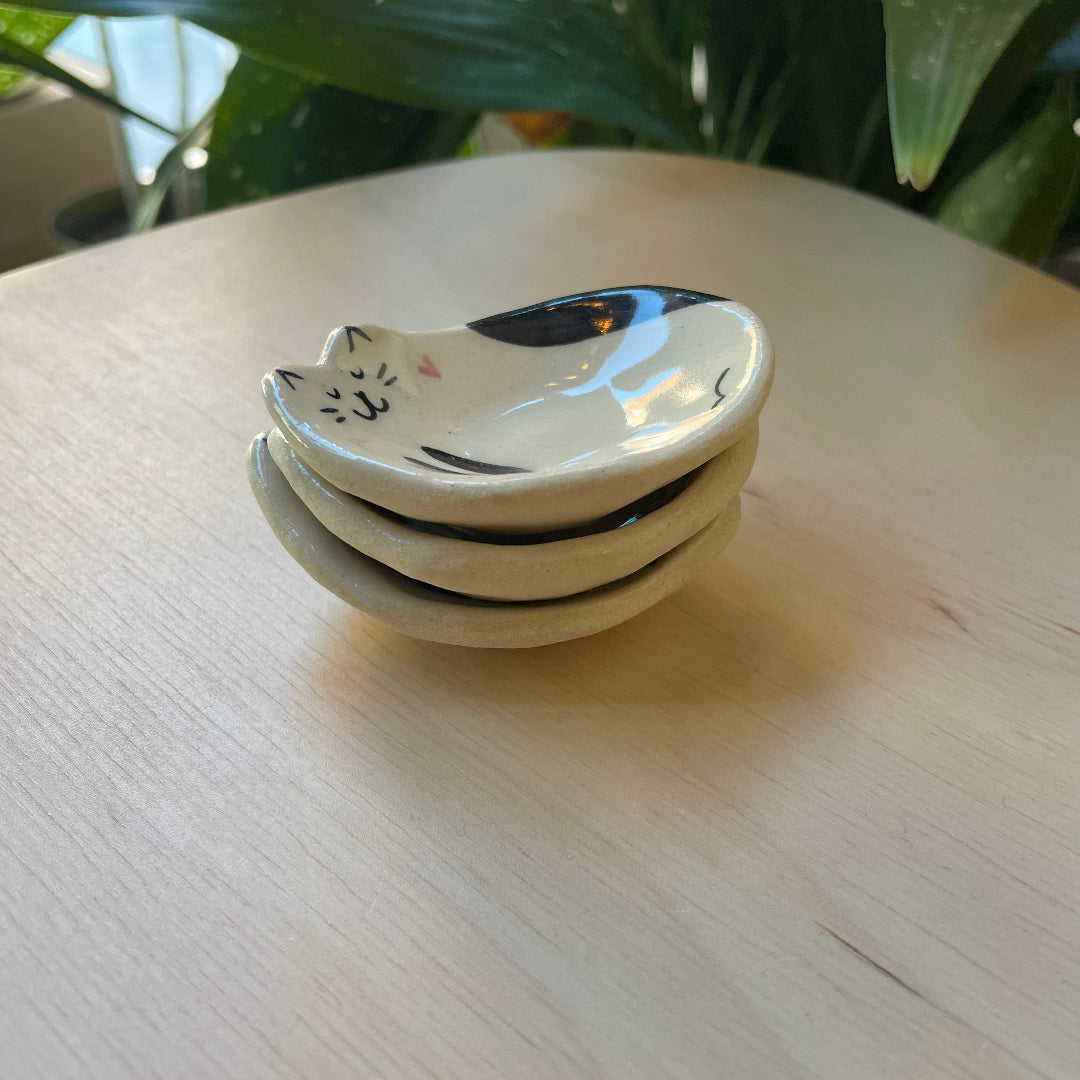 Tiny Handcrafted Ceramic Dish, Creamy Glazed Mini Catchall, Black and White