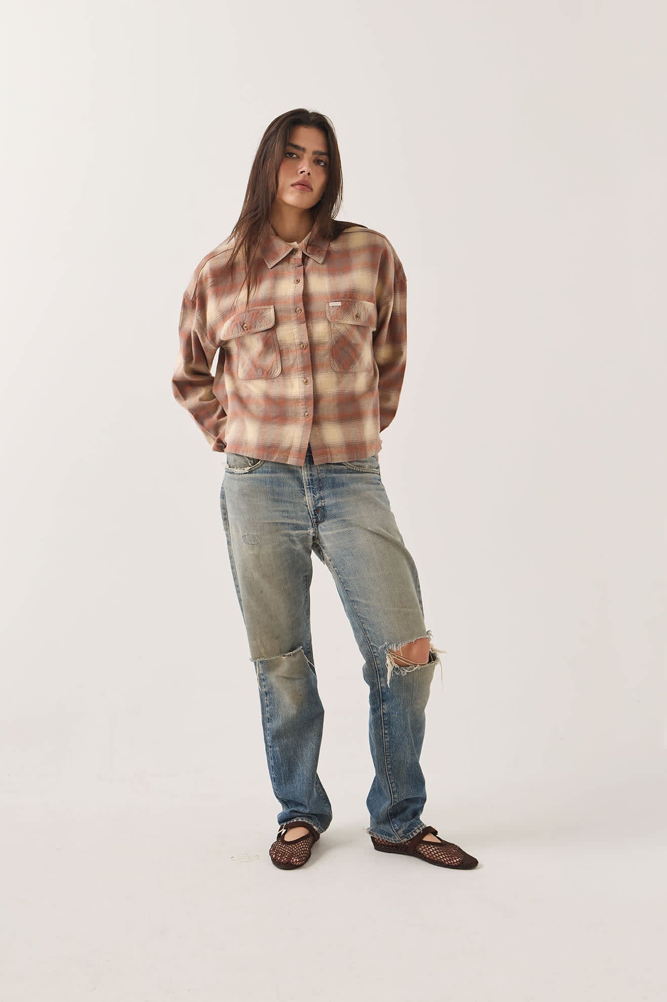 Brixton, Bowery Crop Women's Overshirt, Soft Tan Window Plaid