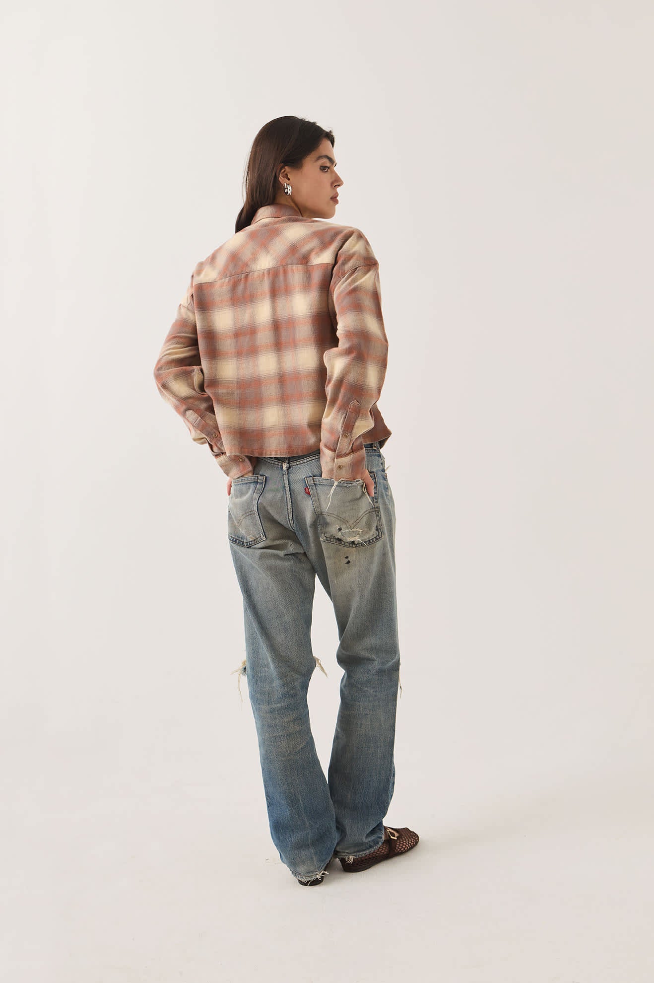 Brixton, Bowery Crop Women's Overshirt, Soft Tan Window Plaid
