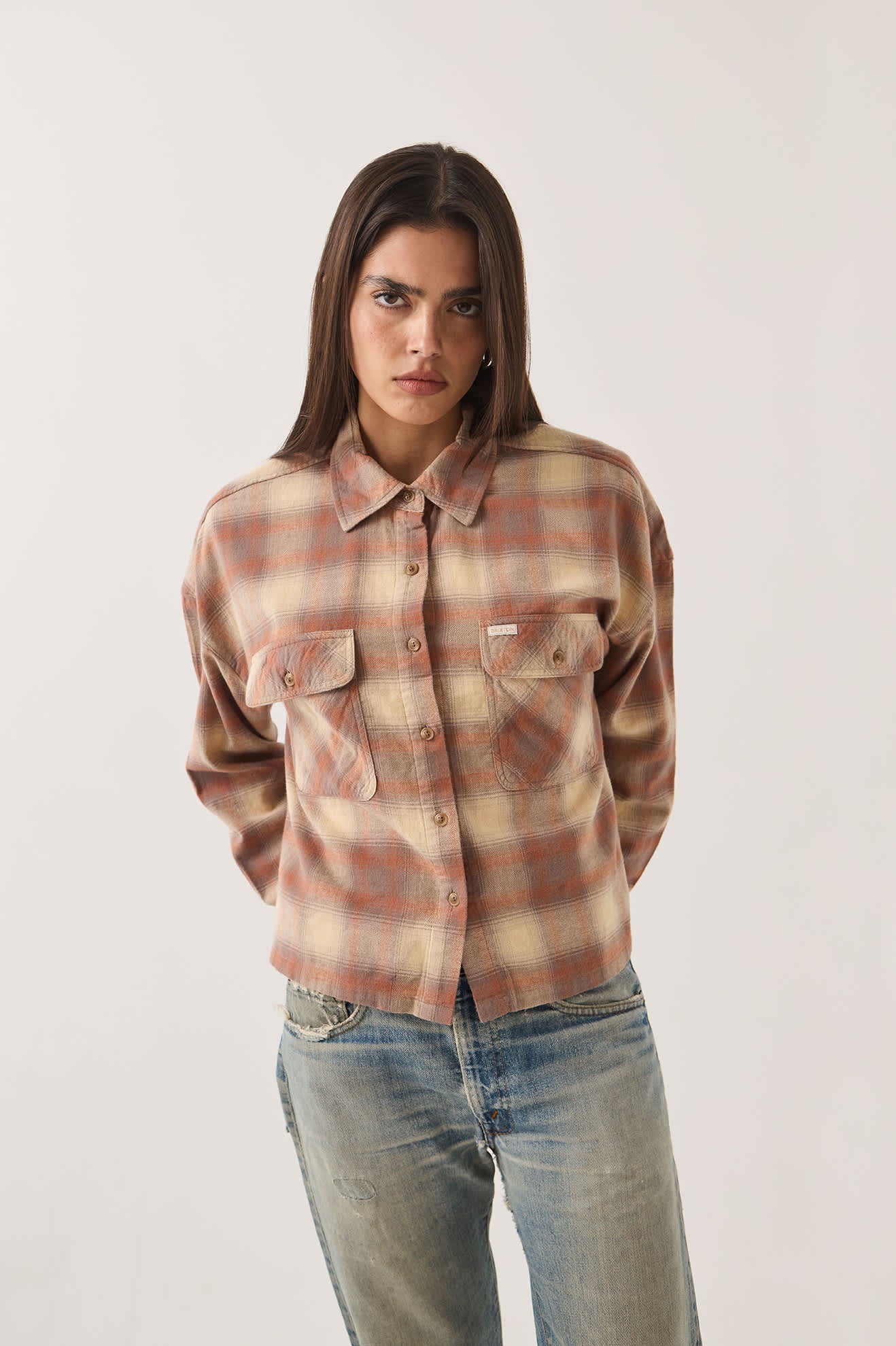 Brixton, Bowery Crop Women's Overshirt, Soft Tan Window Plaid