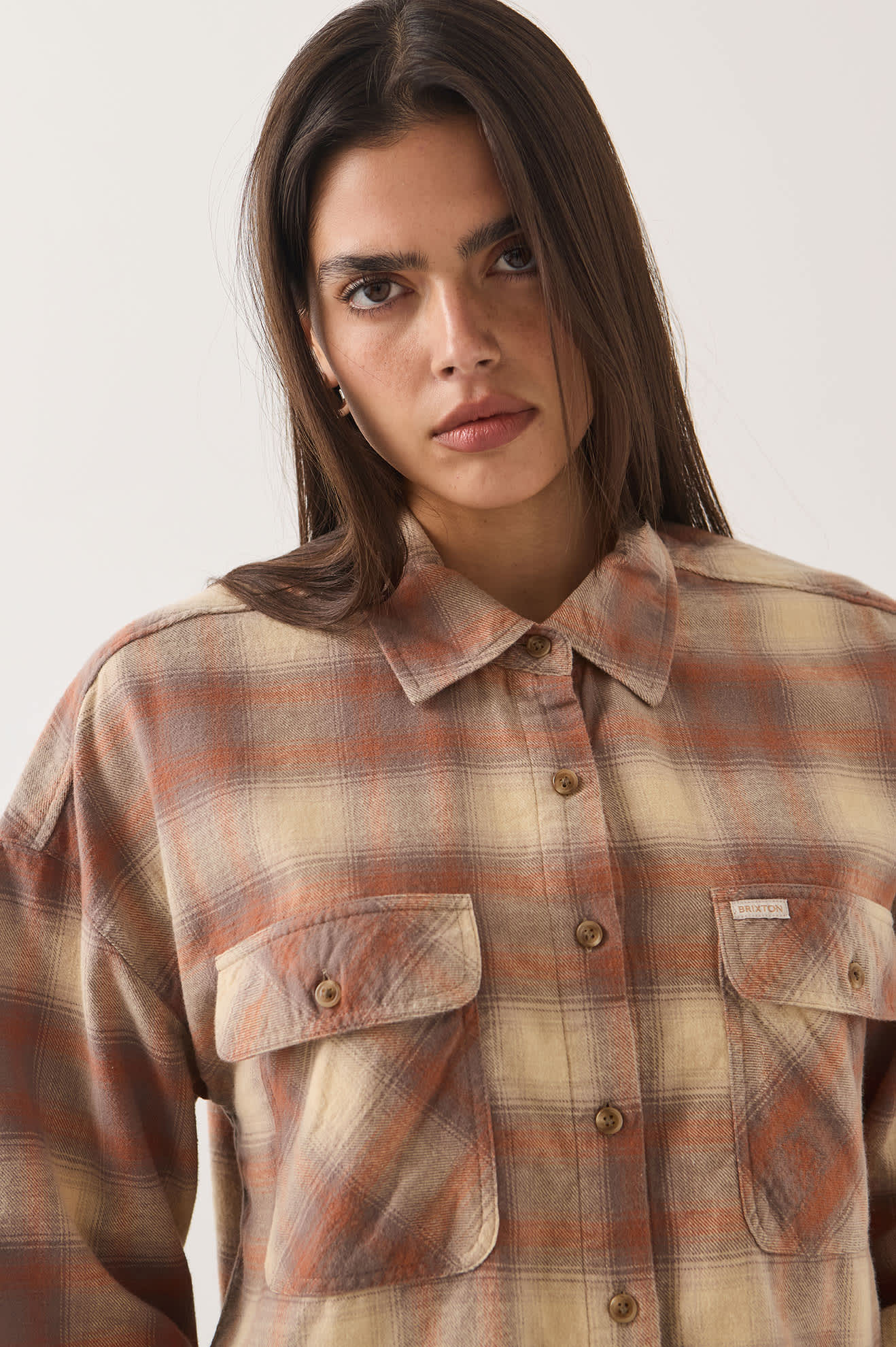 Brixton, Bowery Crop Women's Overshirt, Soft Tan Window Plaid
