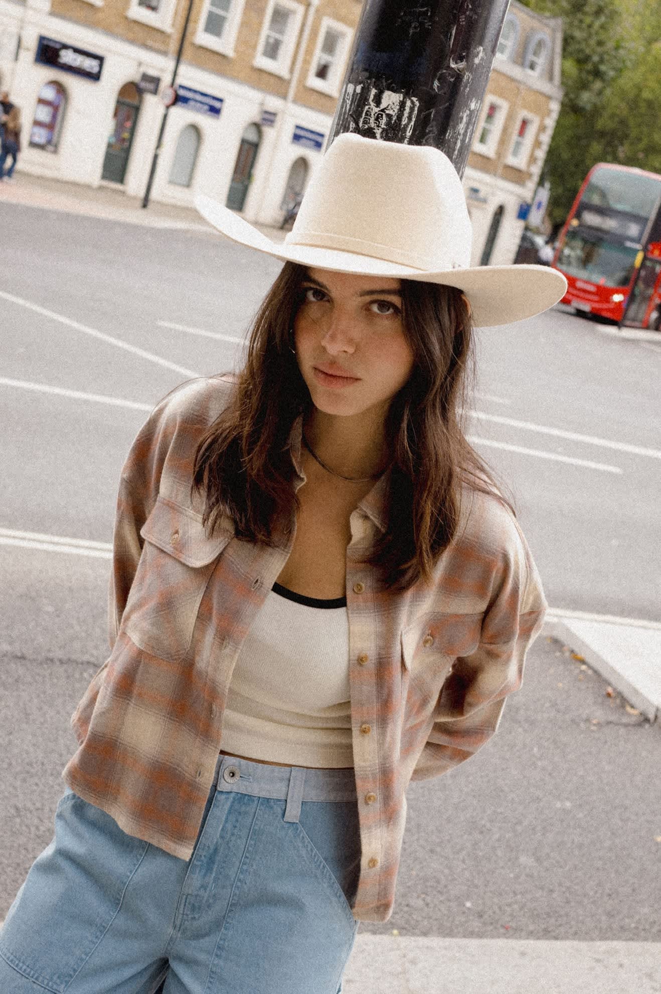 Brixton, Bowery Crop Women's Overshirt, Soft Tan Window Plaid