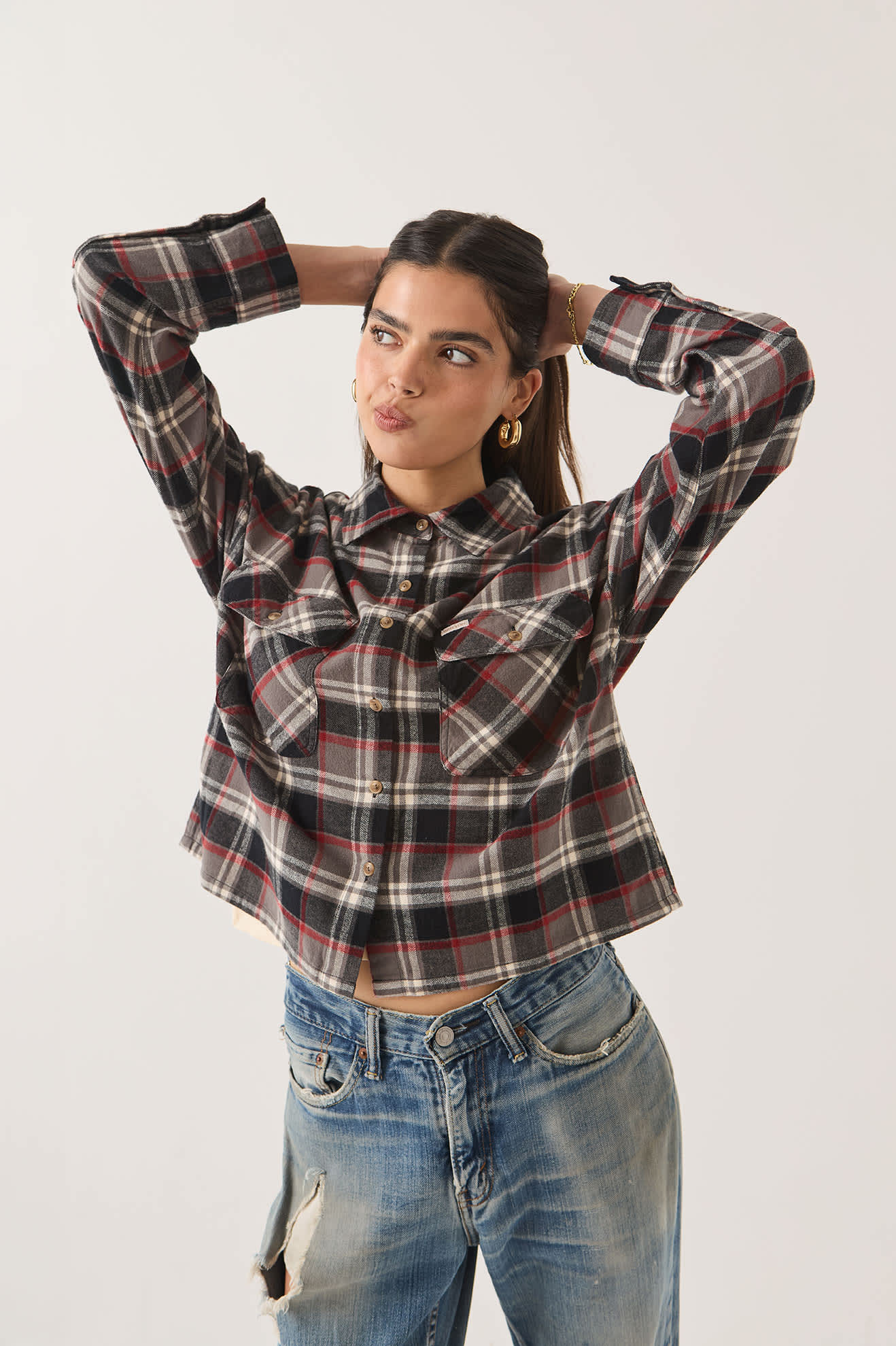 Brixton, Bowery Crop Women's Overshirt, Washed Black Plaid