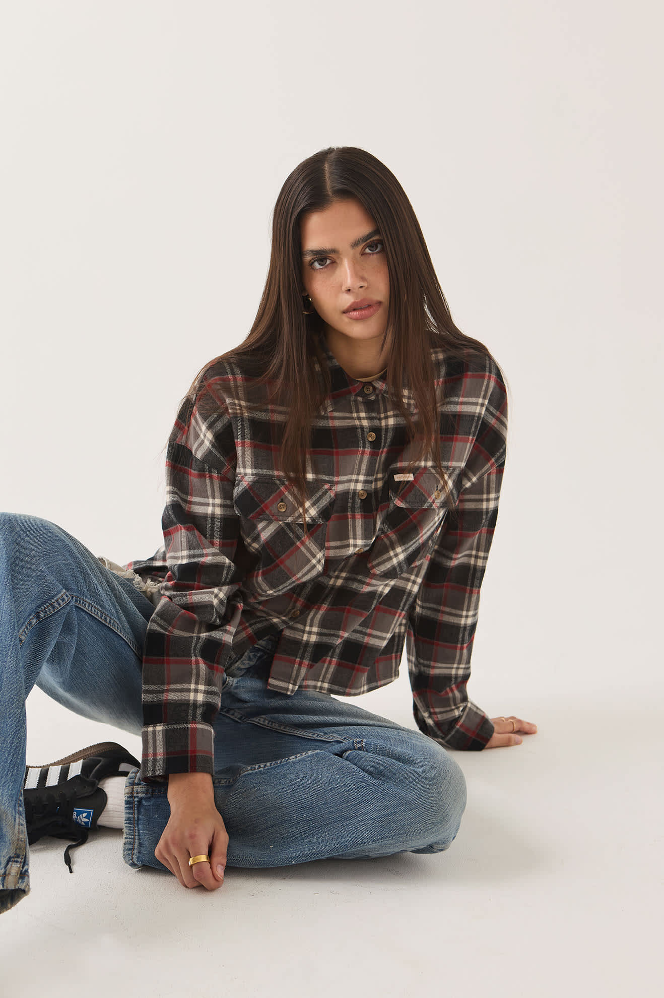 Brixton, Bowery Crop Women's Overshirt, Washed Black Plaid