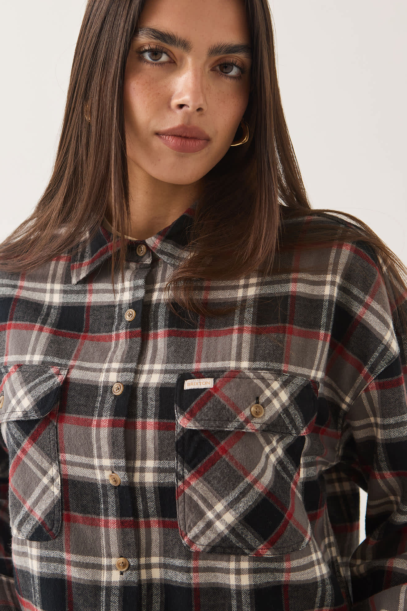 Brixton, Bowery Crop Women's Overshirt, Washed Black Plaid