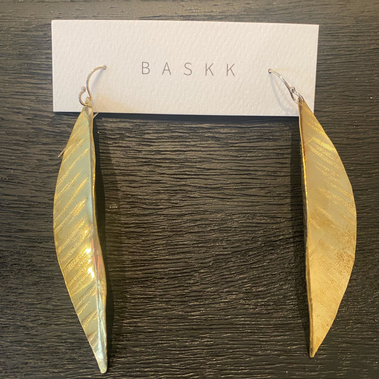 Baskk, Large Feather Earrings, Brass