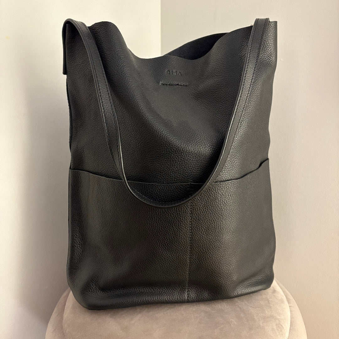 Risa, Leather Lila Pocket Tote, Black