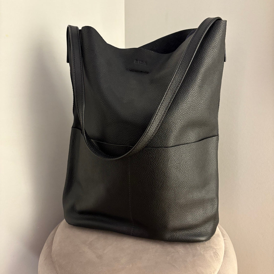 Risa, Leather Lila Pocket Tote, Black