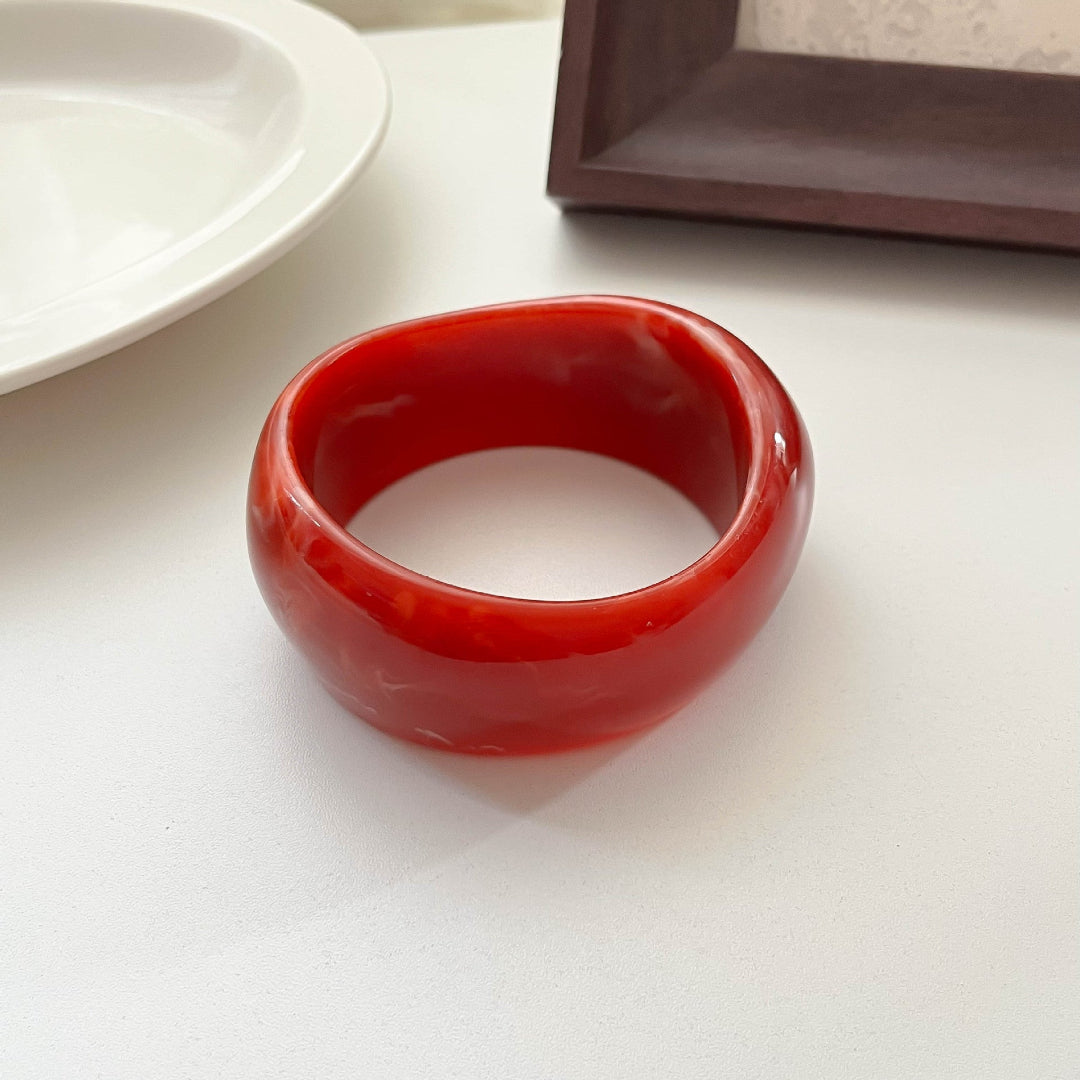 Modern Fable, Asymmetrical Chunky Resin Bangle, Marbled Chili Pepper