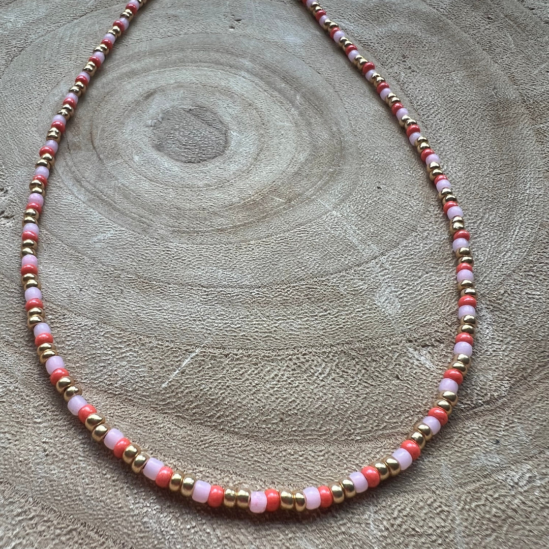 Modern Fable, Beaded Necklace, Peach, Pink and Gold #118