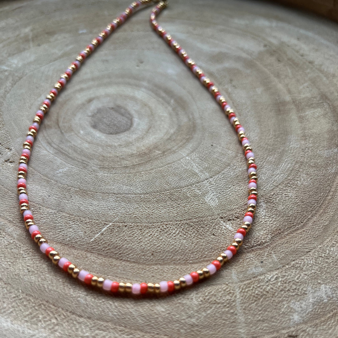 Modern Fable, Beaded Necklace, Peach, Pink and Gold #118