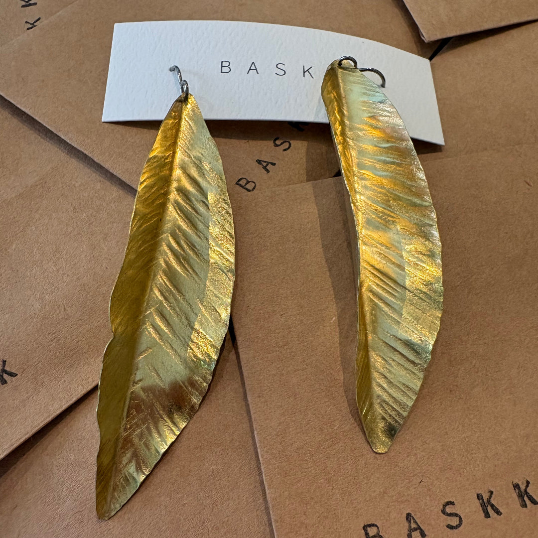 Baskk, Large Brass Leaf Earrings