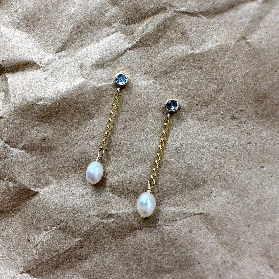 Open Fire, Dancing Pearl, Birthstone Earrings, 14K Goldfill