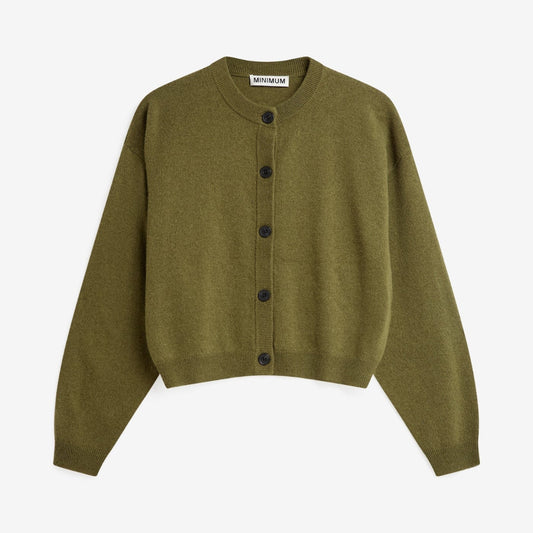 An olive green knit cardigan sweater with a button-up front, displayed flat against a light gray background.